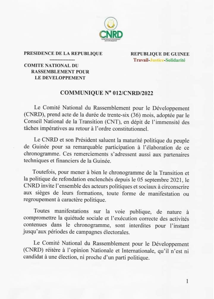 Guinée: Le CNRD interdit toutes manifestations pour mener à bien le chronogramme de la Transition