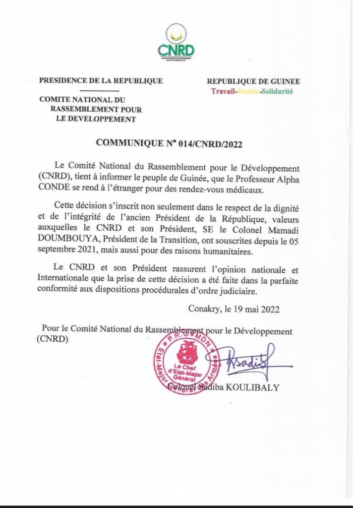 Urgent : Le CNRD autorise la sortie d’Alpha Condé pour des raisons sanitaires