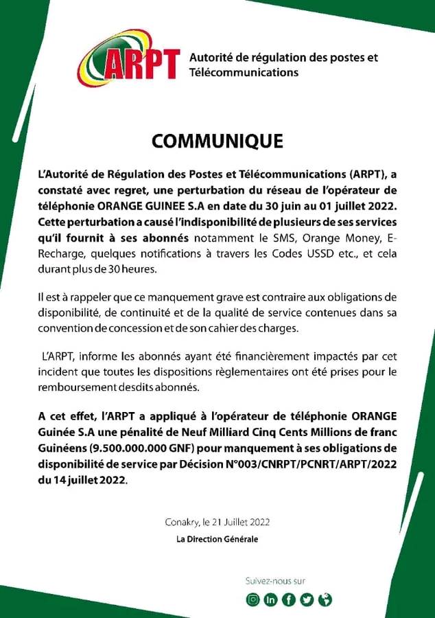 Perturbations de réseau : l’ARPT pénalise l’opérateur Orange Guinée à plus de 9 milliards GNF