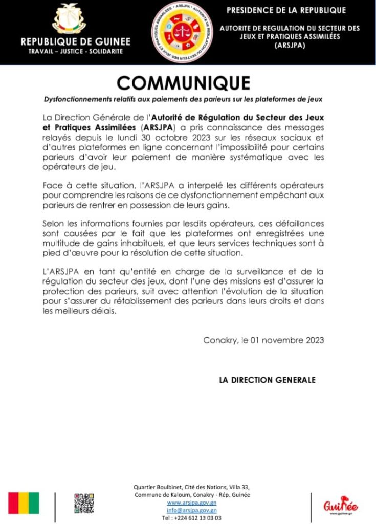 Dysfonctionnements relatifs aux paiements des parieurs sur les plateformes de jeux en Guinée, important communiqué de l’ARSJPA