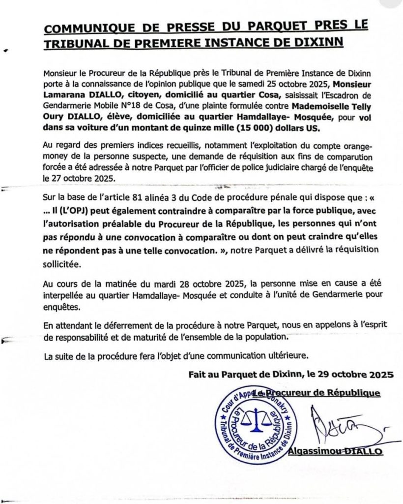 Interpellation de l’influenceuse Telly Oury Diallo : le parquet de Dixinn apporte des précisions