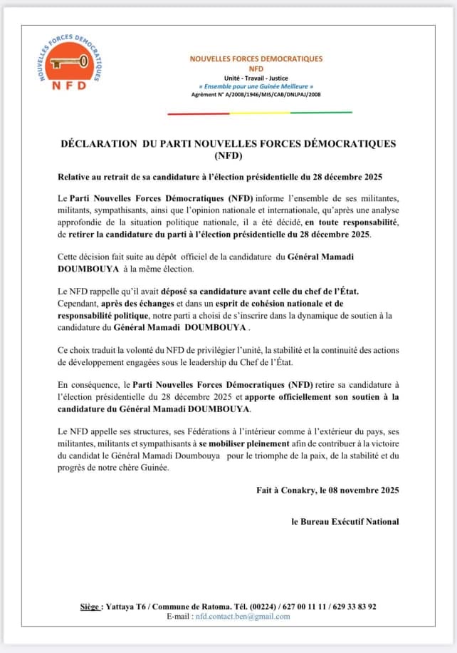 Urgent : le Parti NFD retire sa candidature à l’élection présidentielle