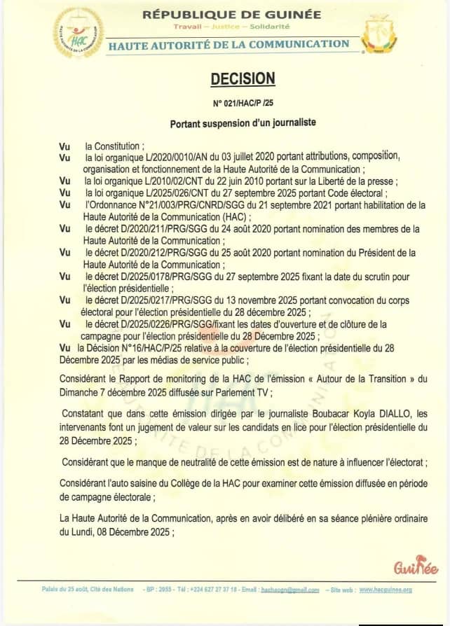 Médias : un journaliste de Parlement TV suspendu par la HAC 