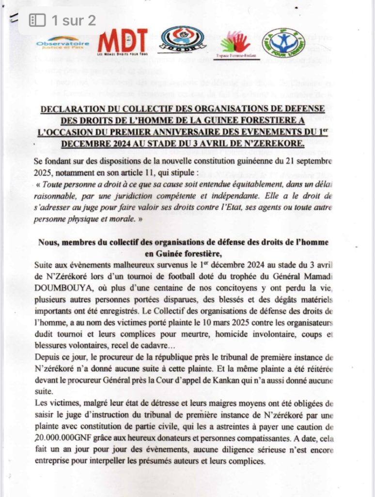 Drame du stade de N’Zérékoré : un an après, les ONG dénoncent la lenteur de la justice