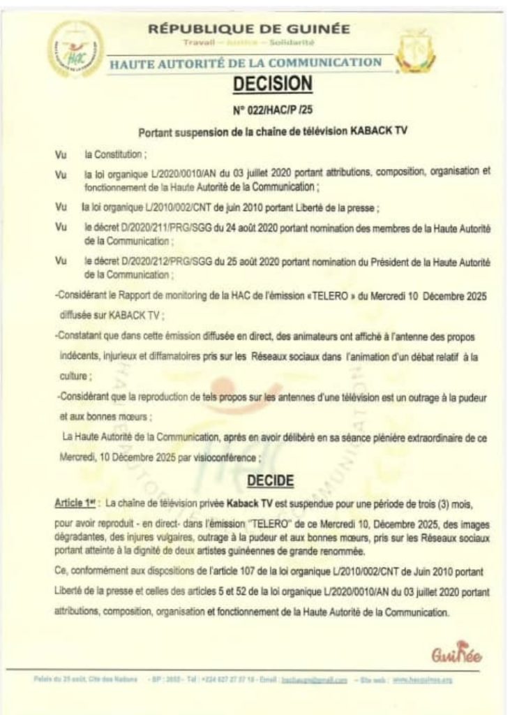Médias : la HAC suspend la chaîne de télévision Kabact TV
