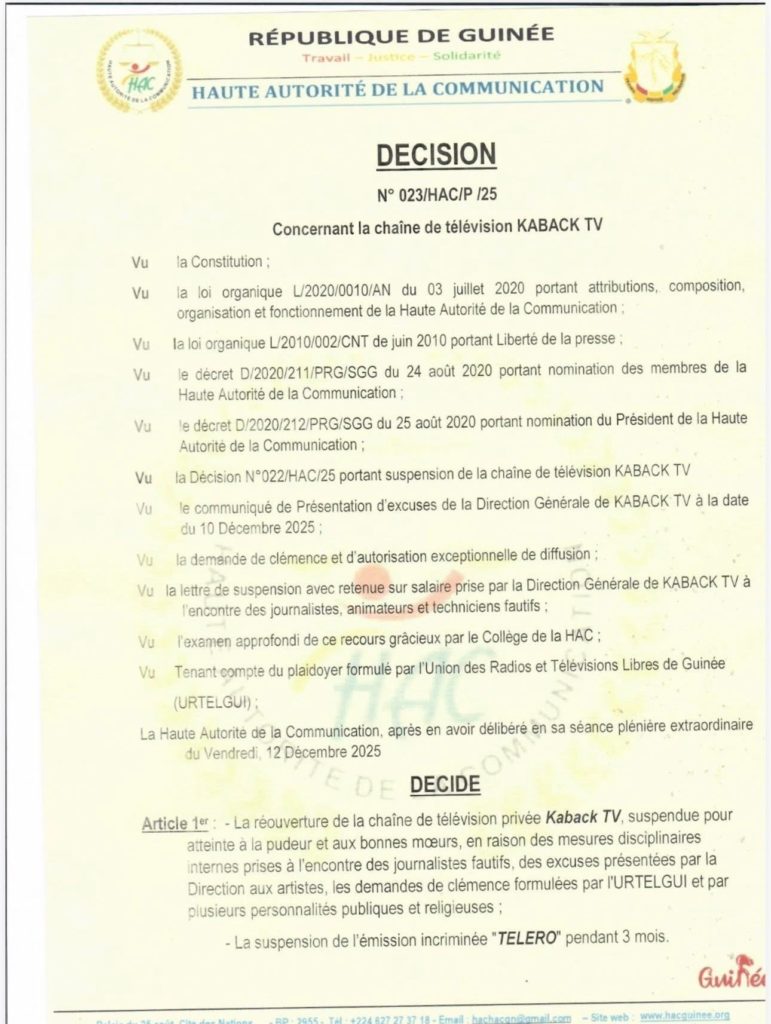 Médias : la HAC lève la suspension de la chaîne de télévision Kaback TV