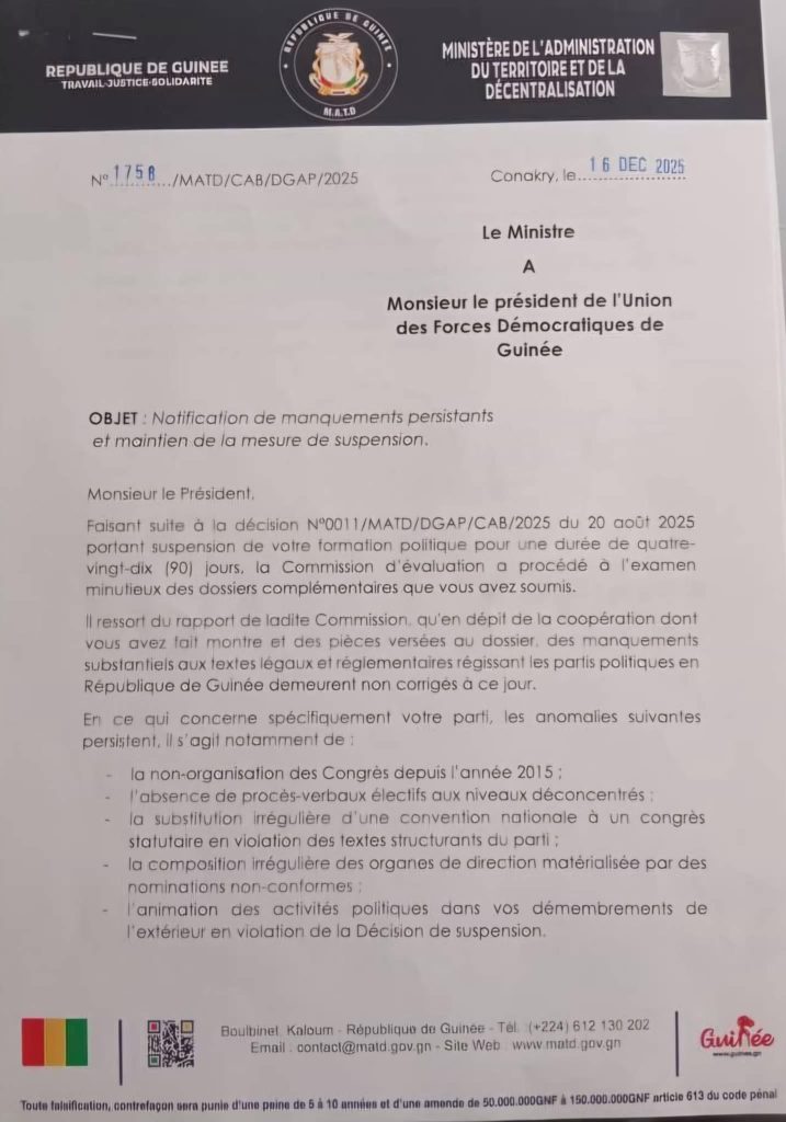 Guinée : le MATD maintient la suspension de l’UFDG et menace de dissoudre le parti 