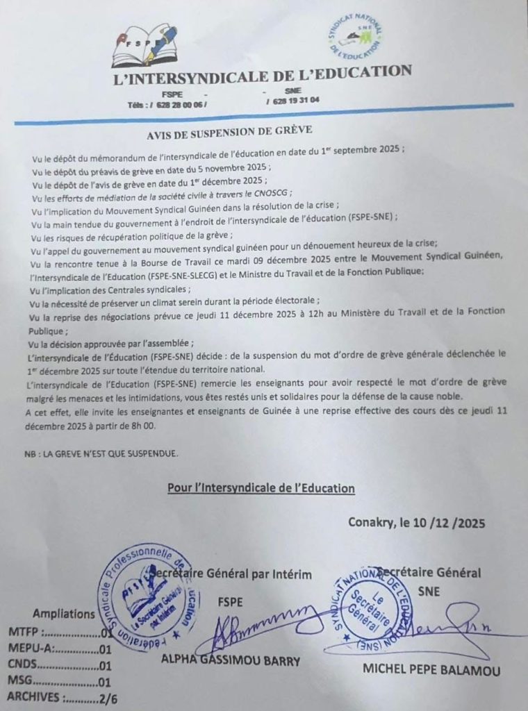 Éducation : L’intersyndicale annonce la suspension de la grève