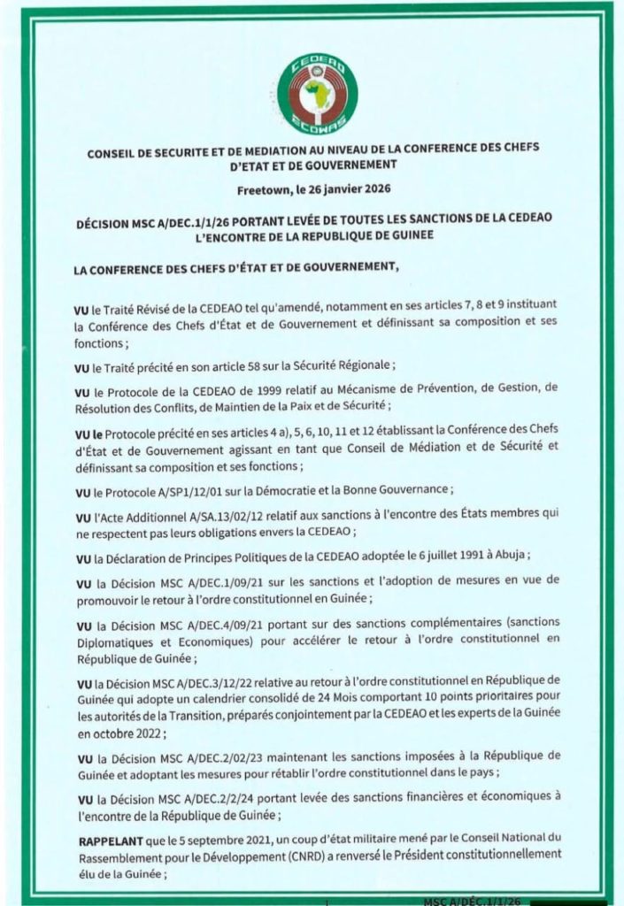 Urgent : la CEDEAO lève les sanctions contre la Guinée