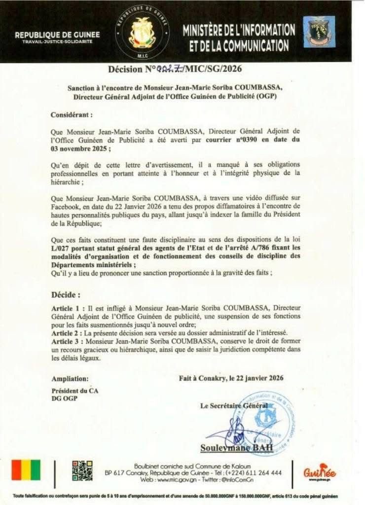 OGP : le Directeur général adjoint, Jean Marie Soriba Coumbassa suspendu de ses fonctions 