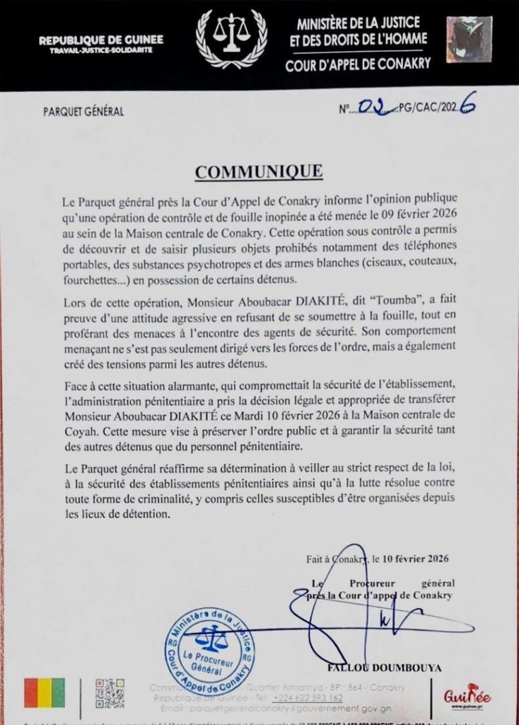 Urgent : Aboubacar « Toumba » Diakité transféré à la maison centrale de Coyah (parquet)