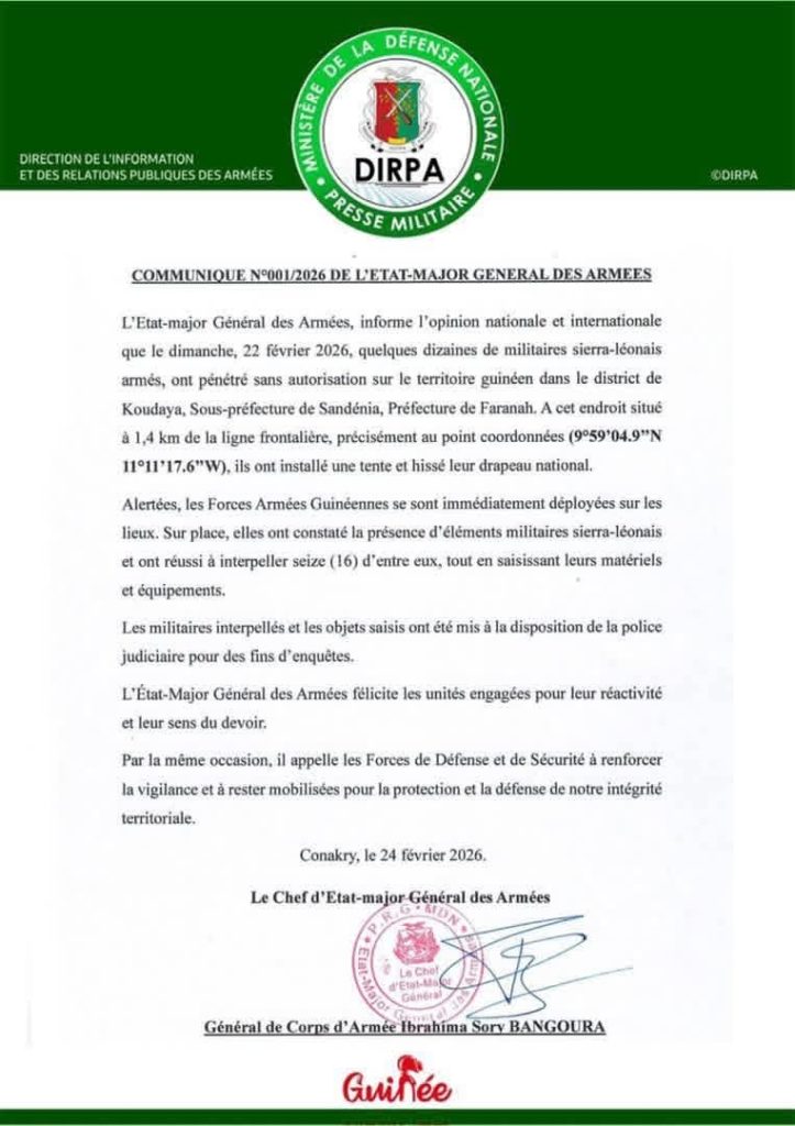 Incident à la frontière entre la Guinée et la Sierra Leone : Les militaires sierra-léonais interpellés mis à la disposition de la police judiciaire (État-major Général des Armées) 
