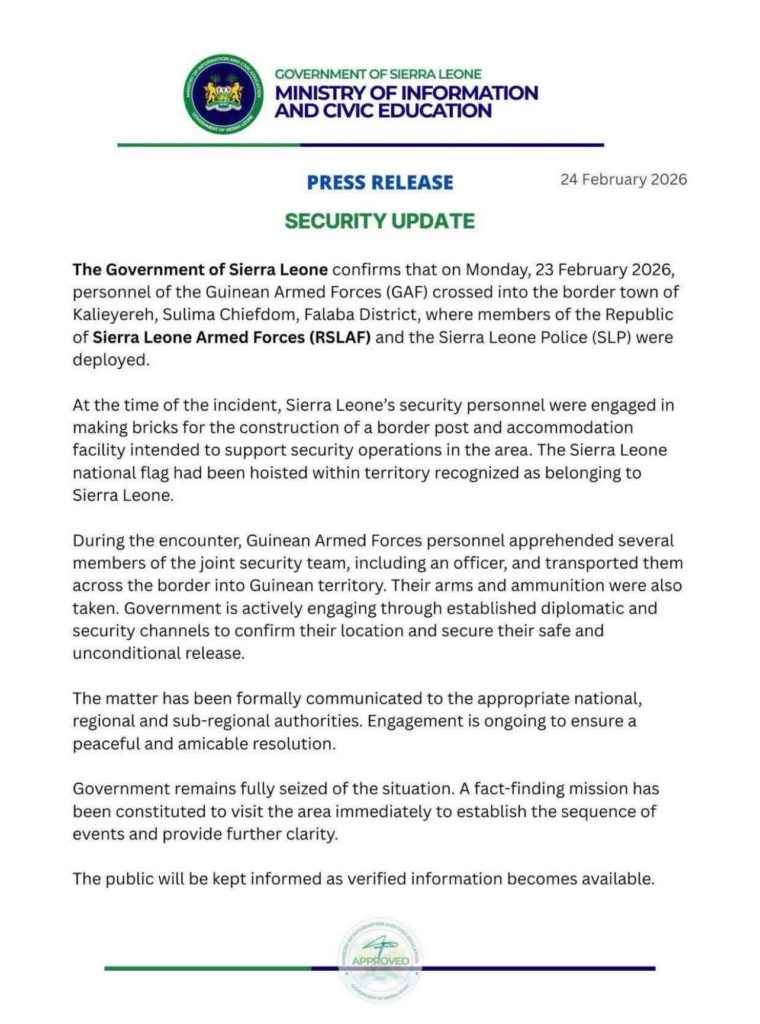 Conflit à Falaba, frontière entre la Guinée et la Sierra Leone : plusieurs militaires sierra-léonais interpellés