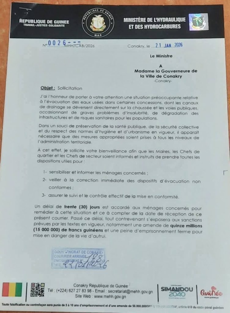 Insalubrité à Conakry : le ministère de l’Hydraulique et des Hydrocarbures hausse le ton