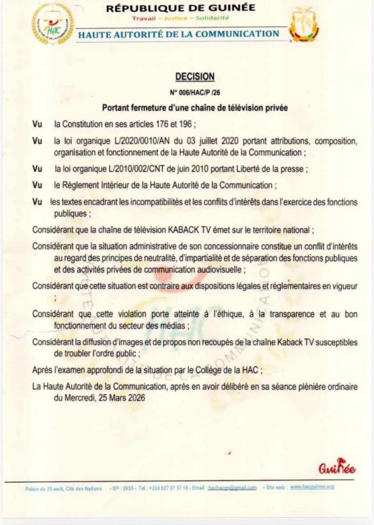 Médias : la HAC ordonne la fermeture immédiate de la chaîne de télévision KABACK TV