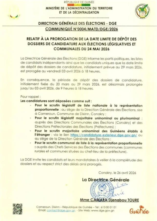Élections législatives et communales du 24 mai : la DGE proroge la date limite de dépôt des candidatures