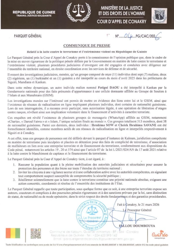 Guinée : le Parquet Général annonce le démantèlement d’un réseau terroriste 