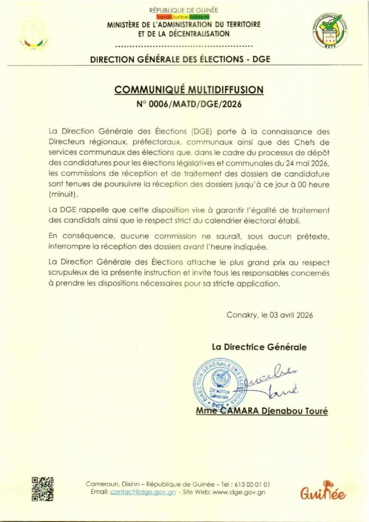 Élections du 24 mai 2026 : la DGE prolonge la réception des candidatures jusqu’à minuit