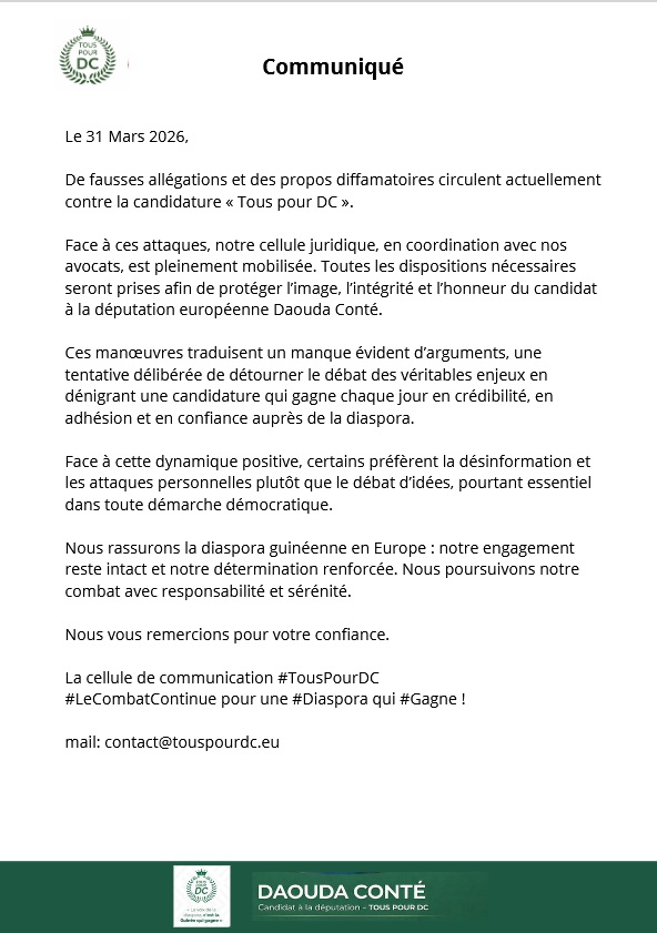 Fausses allégations et propos diffamatoires contre son candidat, « Tous pour DC » rassure (Communiqué)