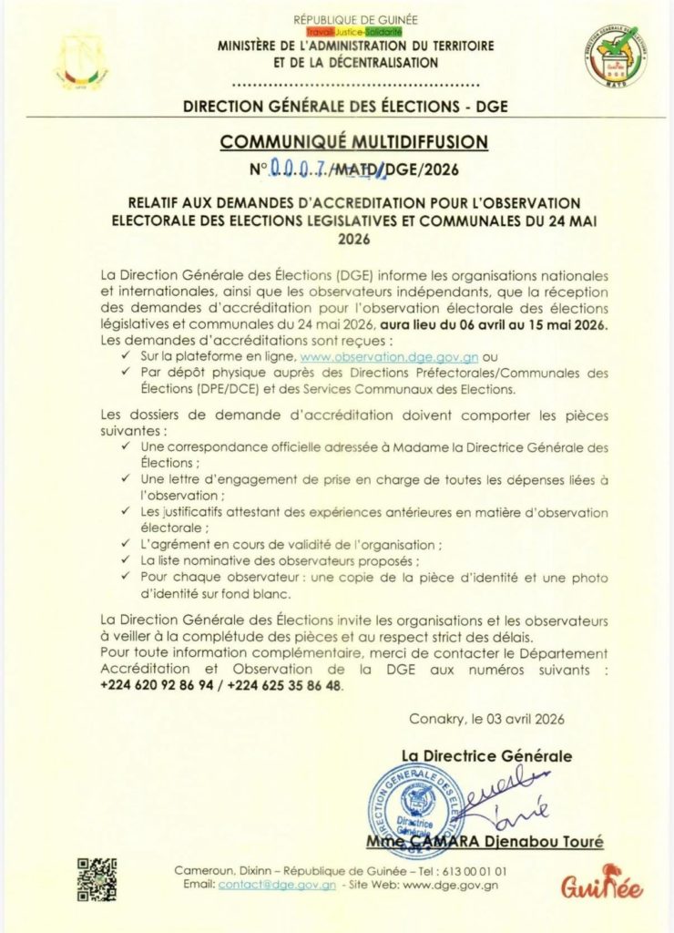 Élections législatives et communales du 24 mai : la DGE lance le processus d’accréditation des observateurs 