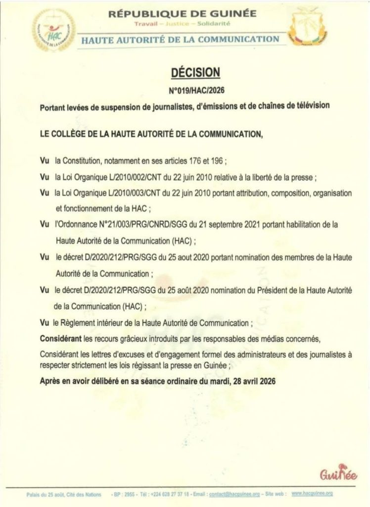 Guinée : Kaback TV, Africa 24…la HAC lève les suspensions des plusieurs médias et journalistes 