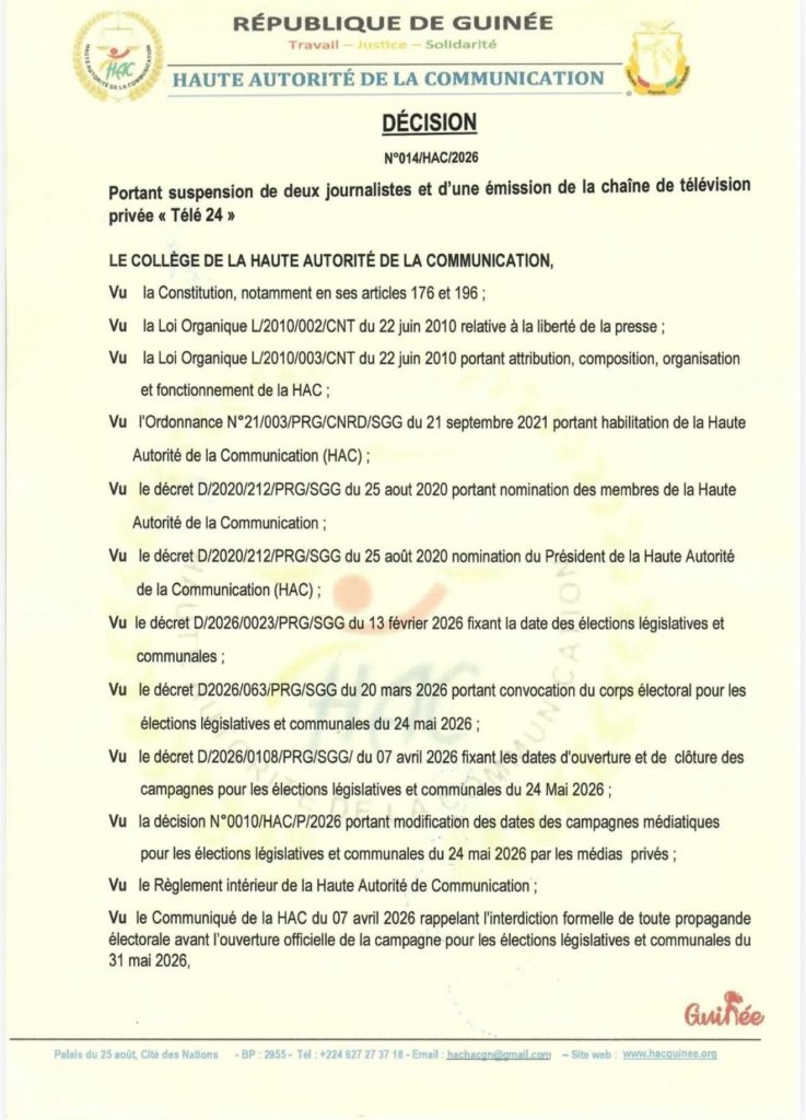 Guinée : la HAC suspend l’émission “Guinée Today” de la chaîne Télé 24 et deux de ses journalistes