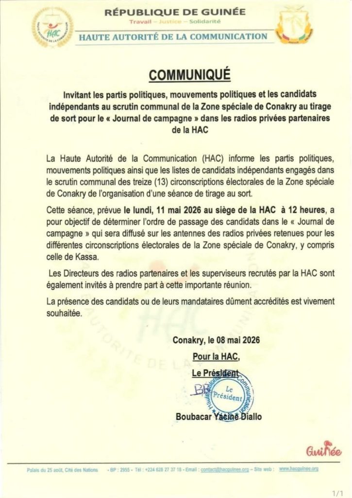 Élections communales : la HAC invite les candidats de la zone de Conakry au le tirage au sort du « Journal de campagne »
