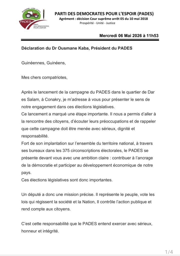 Dr Ousmane kaba annonce les couleurs de la campagne du PADES ! (Déclaration)