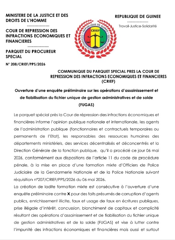 Guinée : la CRIEF annonce l’ouverture d’une enquête sur les opérations d’assainissement du FUGAS 